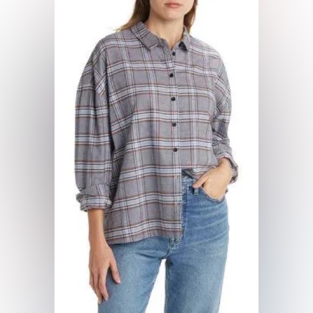 Madewell Women’s Blue and Brown Plaid Flannel Size XL